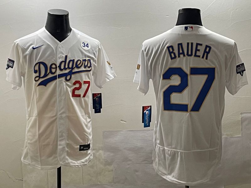 Men Los Angeles Dodgers #27 Bauer White Gold Elite 2025 Nike MLB Jersey style 7